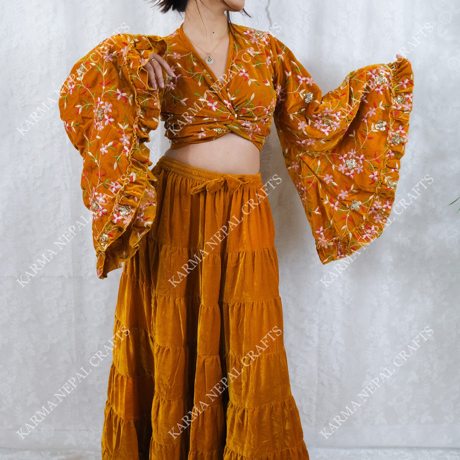 Boho Bloom Full Embroidery Velvet Wrap Top