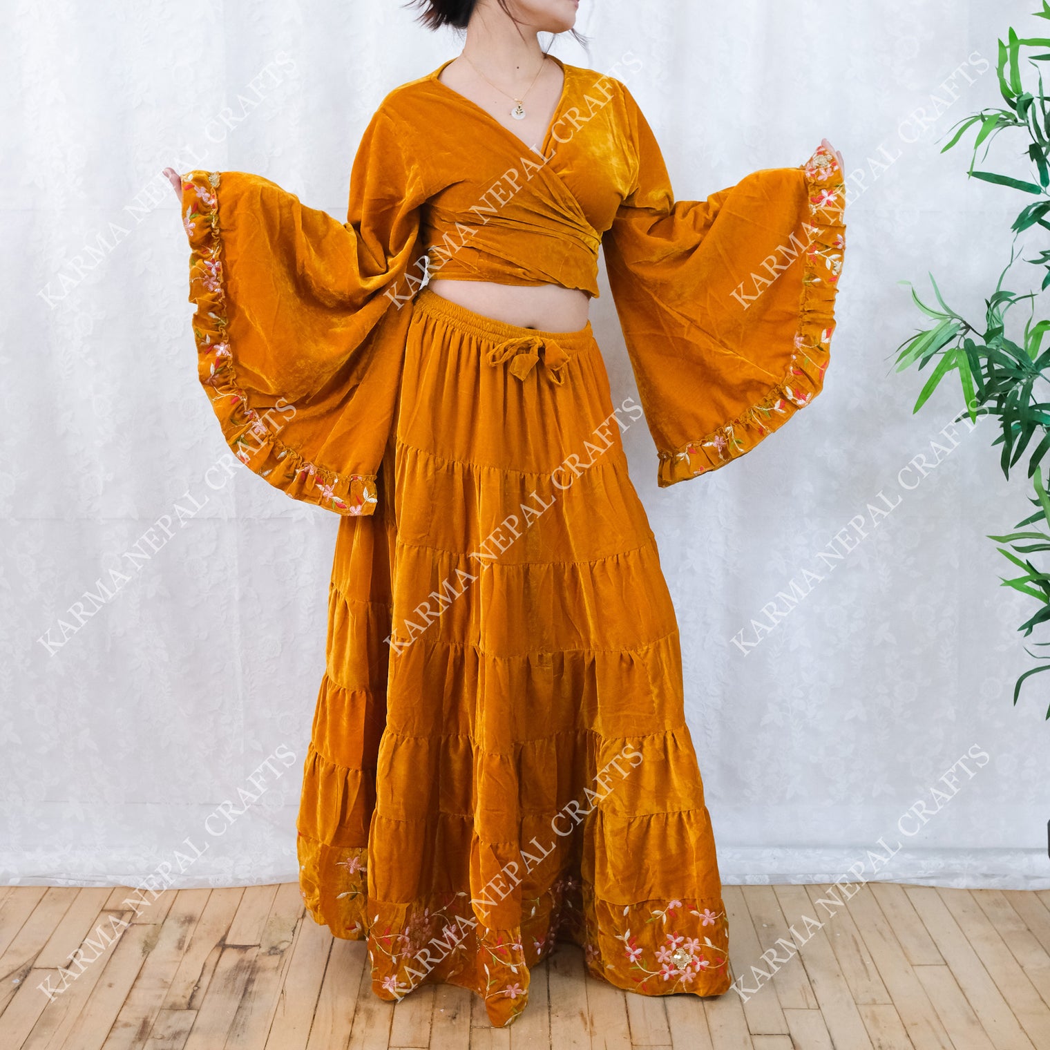 Velvet Whimsy Skirt Set with Hand Embroidery