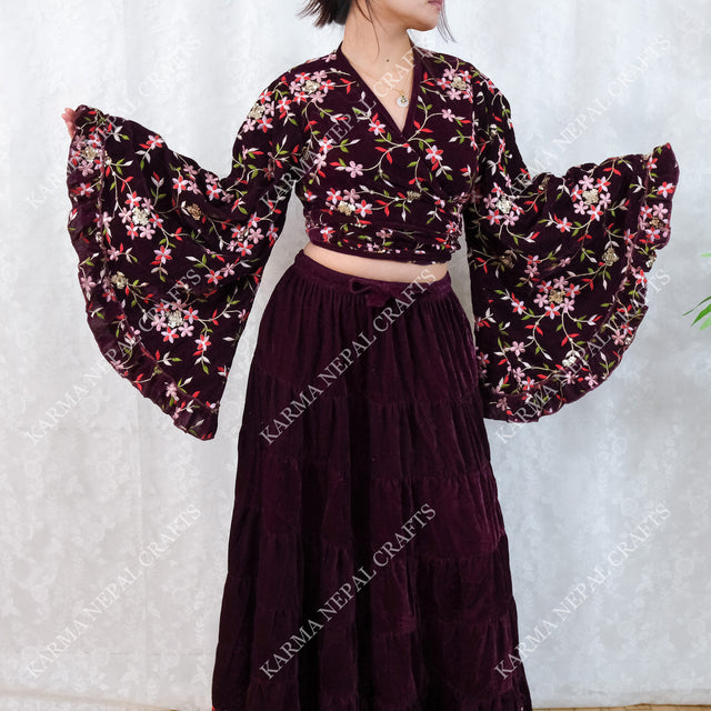 Boho Bloom Full Embroidery Velvet Wrap Top