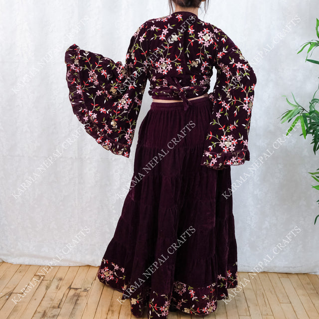Boho Bloom Full Embroidery Velvet Wrap Top