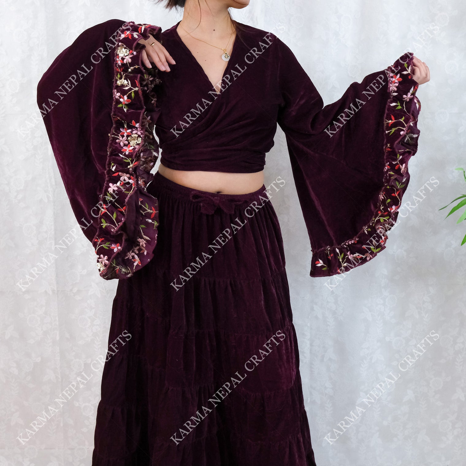 Velvet Whimsy Skirt Set with Hand Embroidery