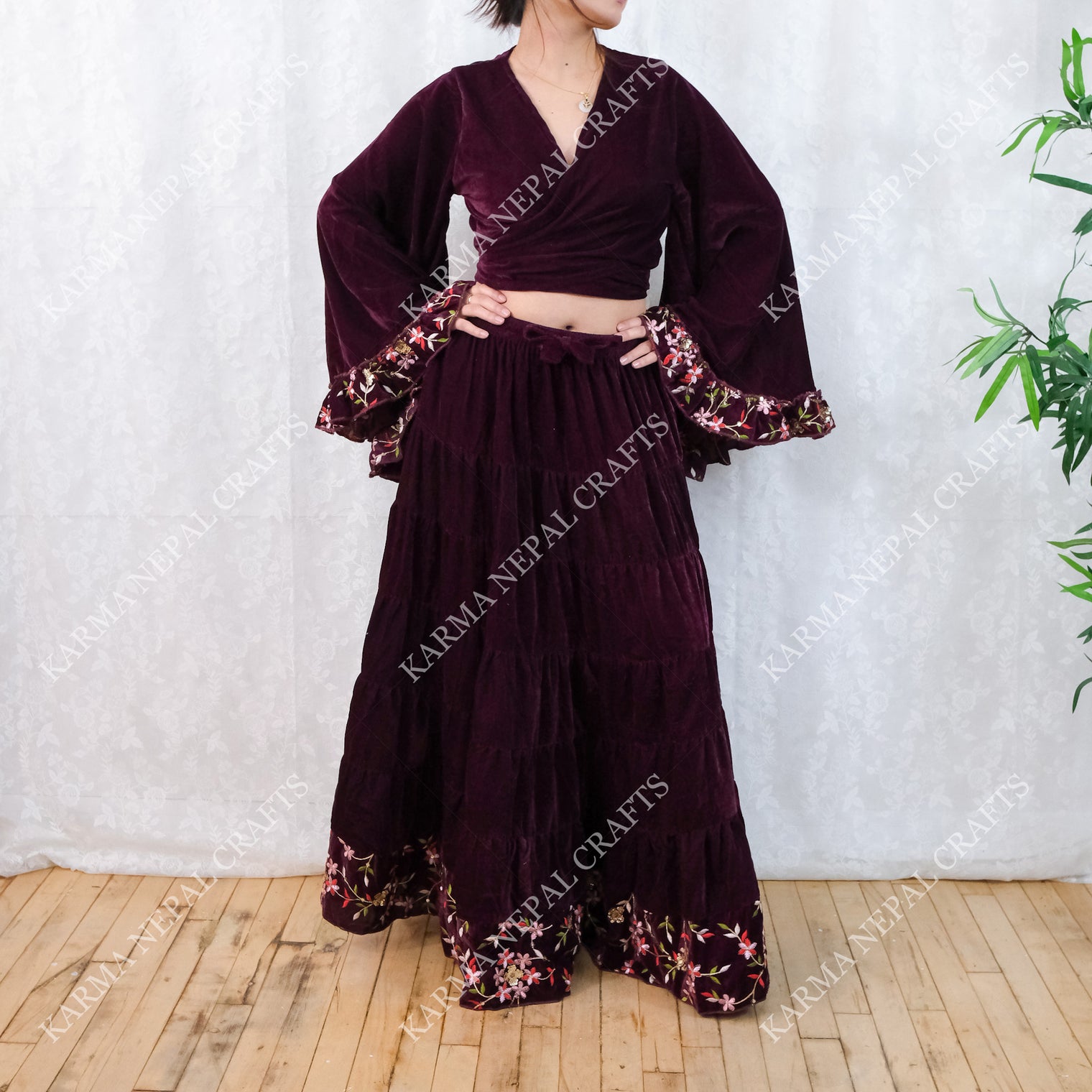 Velvet Whimsy Skirt Set with Hand Embroidery