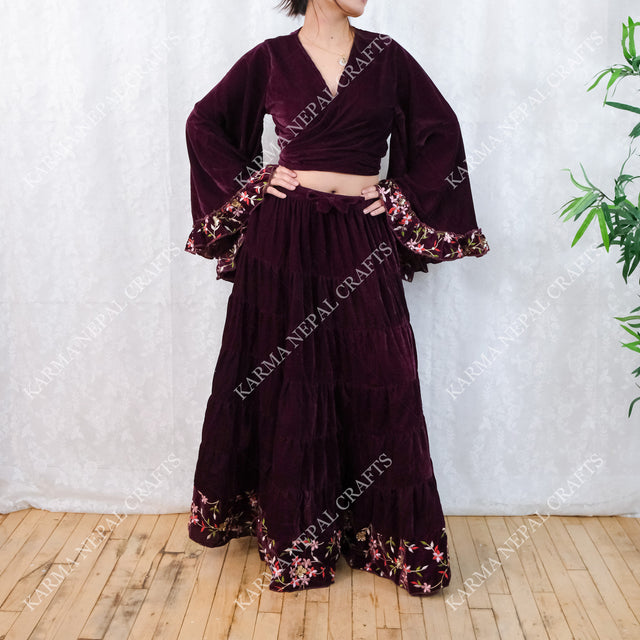 Velvet Whimsy Skirt Set with Hand Embroidery