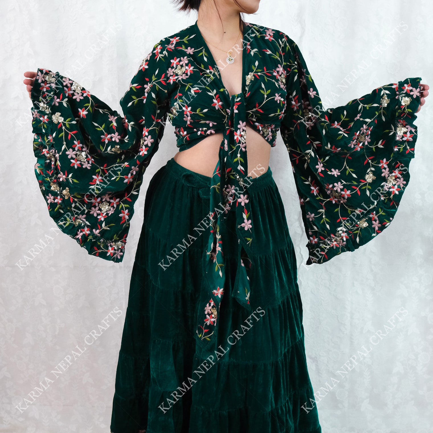 Boho Bloom Full Embroidery Velvet Wrap Top
