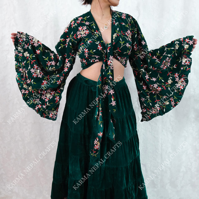 Boho Bloom Full Embroidery Velvet Wrap Top