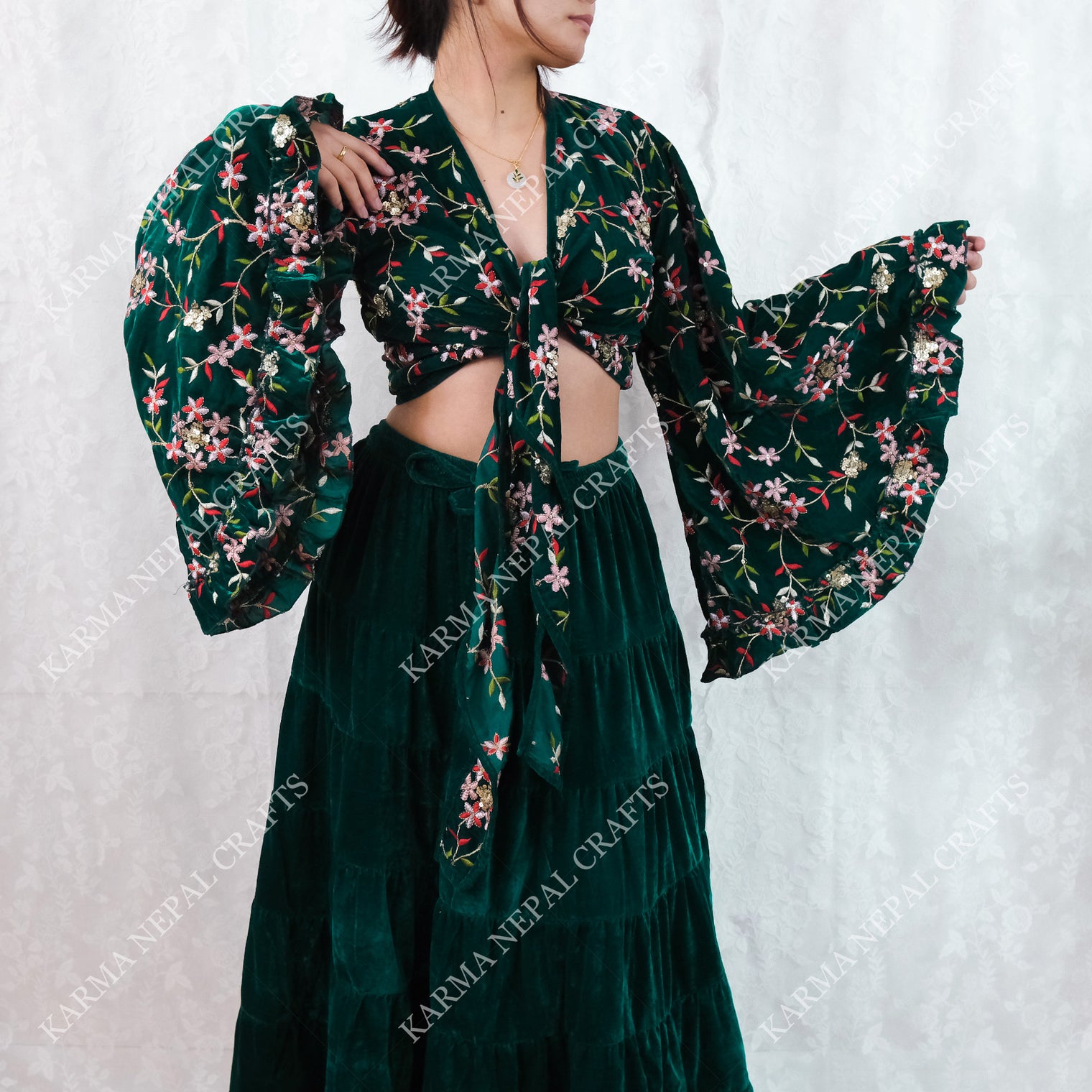 Boho Bloom Full Embroidery Velvet Wrap Top