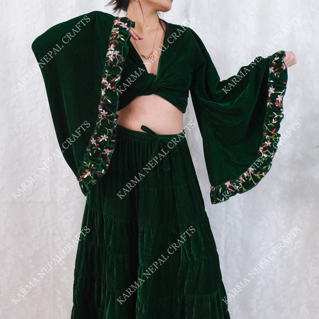 Velvet Whimsical Embroidered Ruffle Sleeve Top