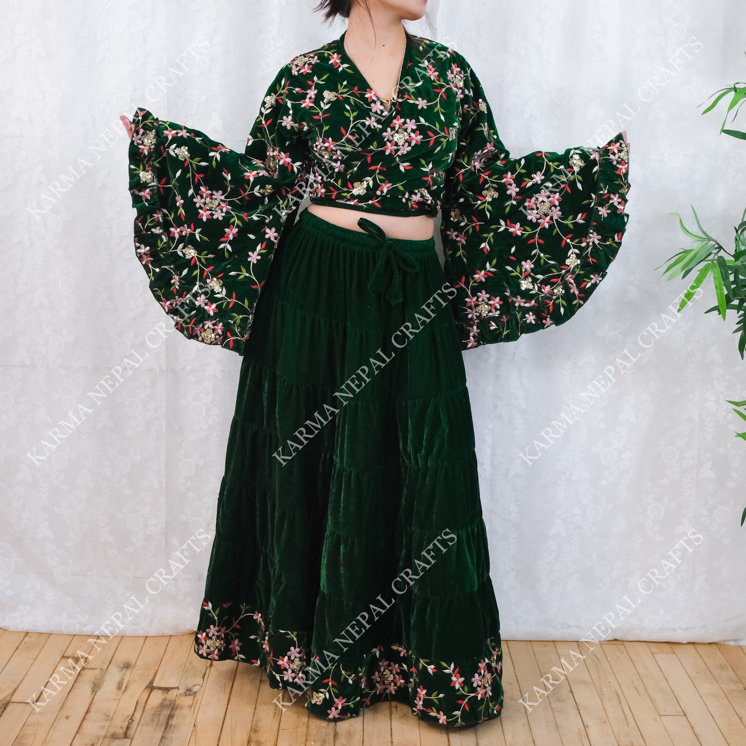 Boho Bloom Full Embroidery Velvet Wrap Top