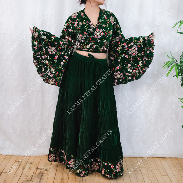 Boho Bloom Full Embroidery Velvet Wrap Top