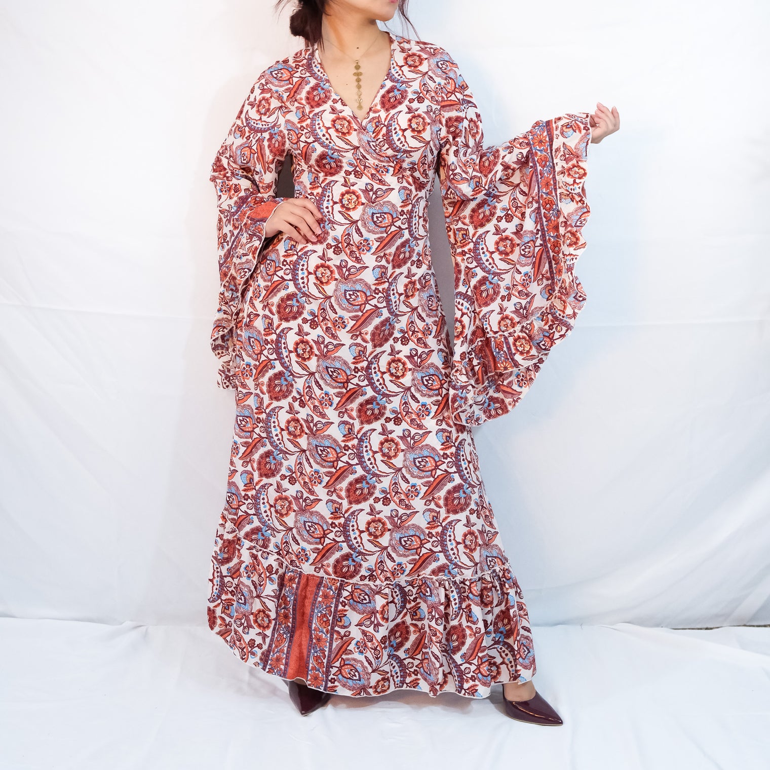 Long Boho Wrap Dress with Ruffles