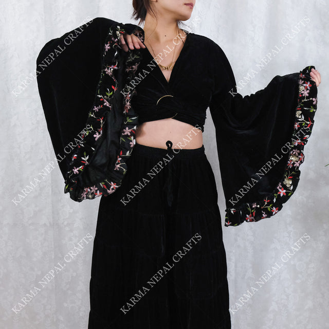 Velvet Whimsical Embroidered Ruffle Sleeve Top