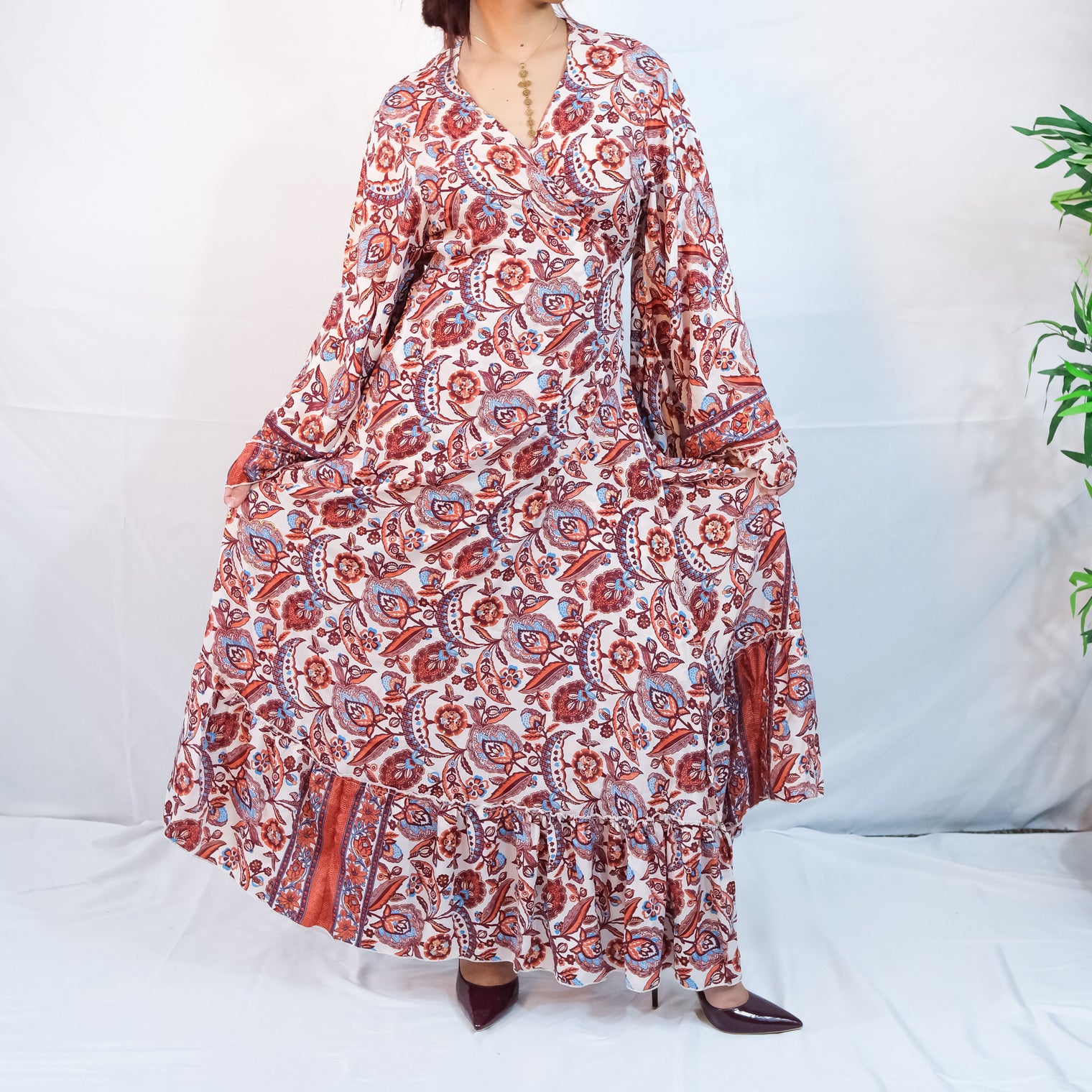 Long Boho Wrap Dress with Ruffles