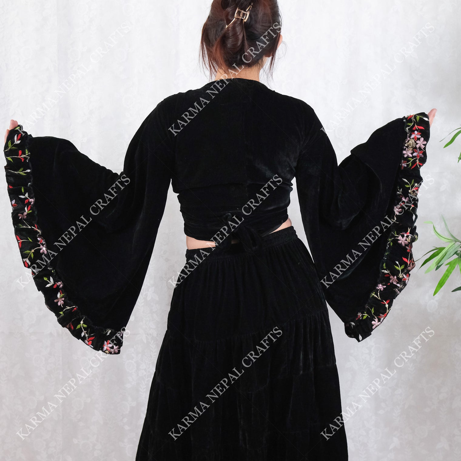 Velvet Whimsical Embroidered Ruffle Sleeve Top