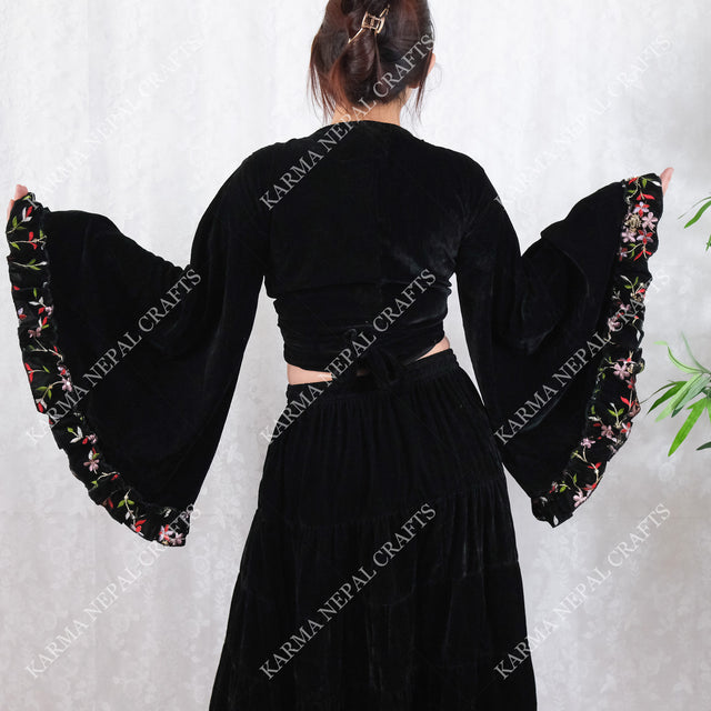 Velvet Whimsical Embroidered Ruffle Sleeve Top