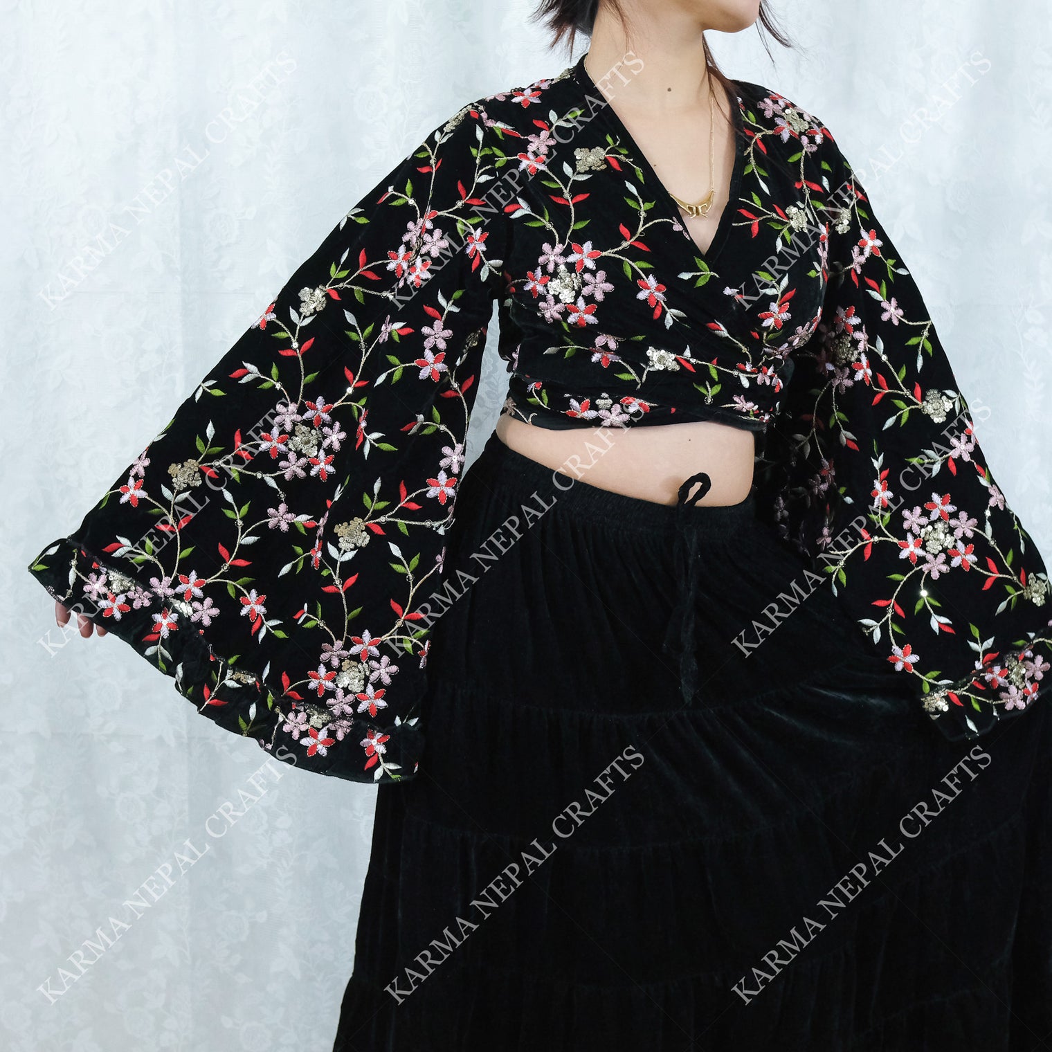Boho Bloom Full Embroidery Velvet Wrap Top