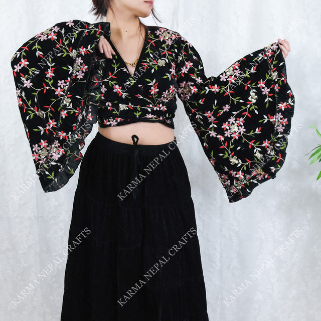 Boho Bloom Full Embroidery Velvet Wrap Top