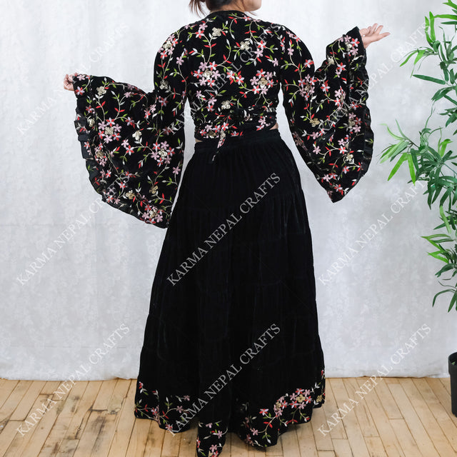 Boho Bloom Full Embroidery Velvet Wrap Top