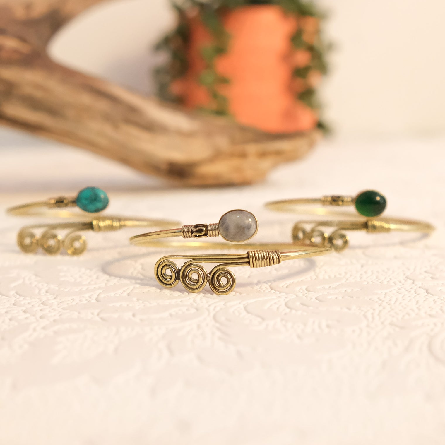 Vintage Inspired Brass Swirl Bracelet with Gemstone