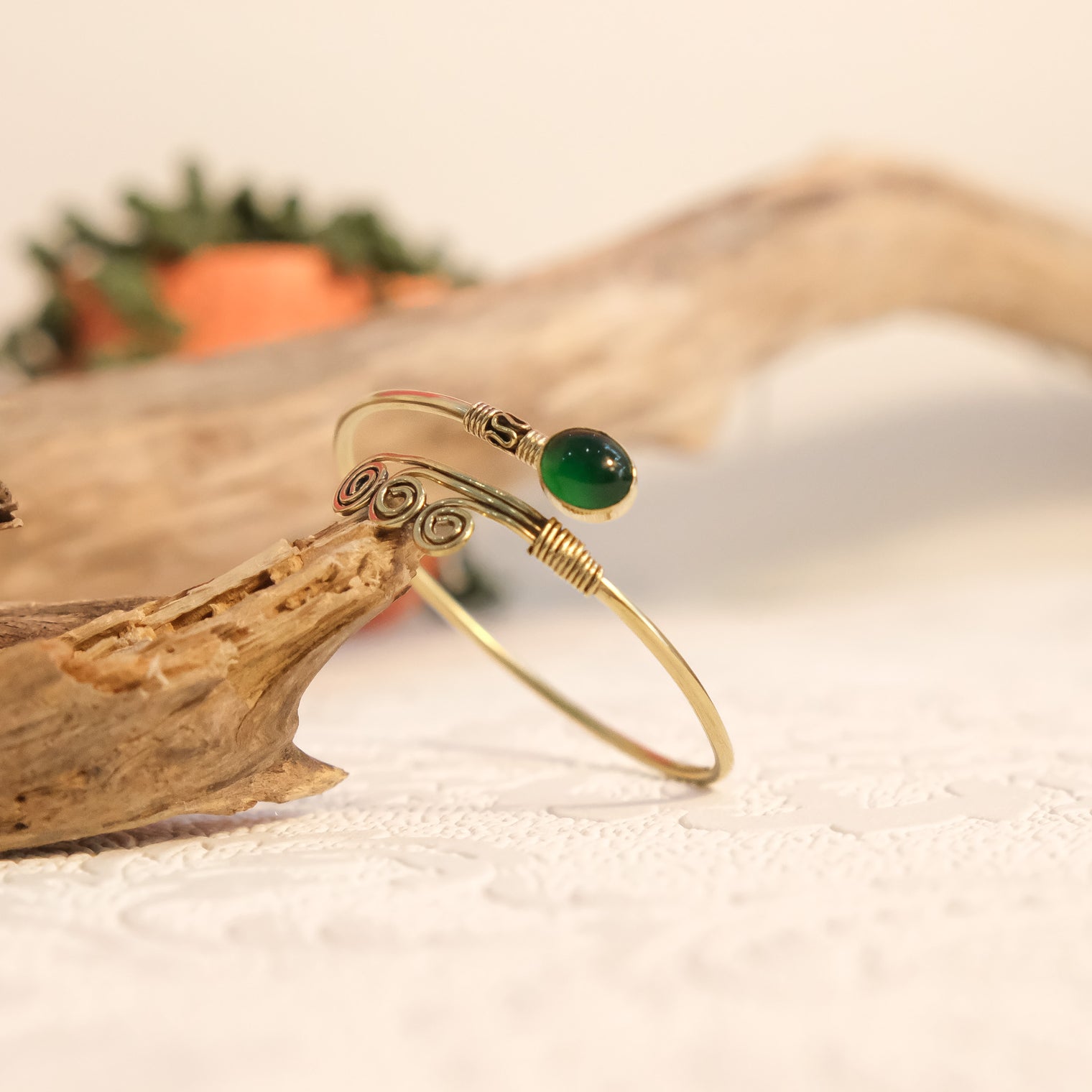 Vintage Inspired Brass Swirl Bracelet with Gemstone
