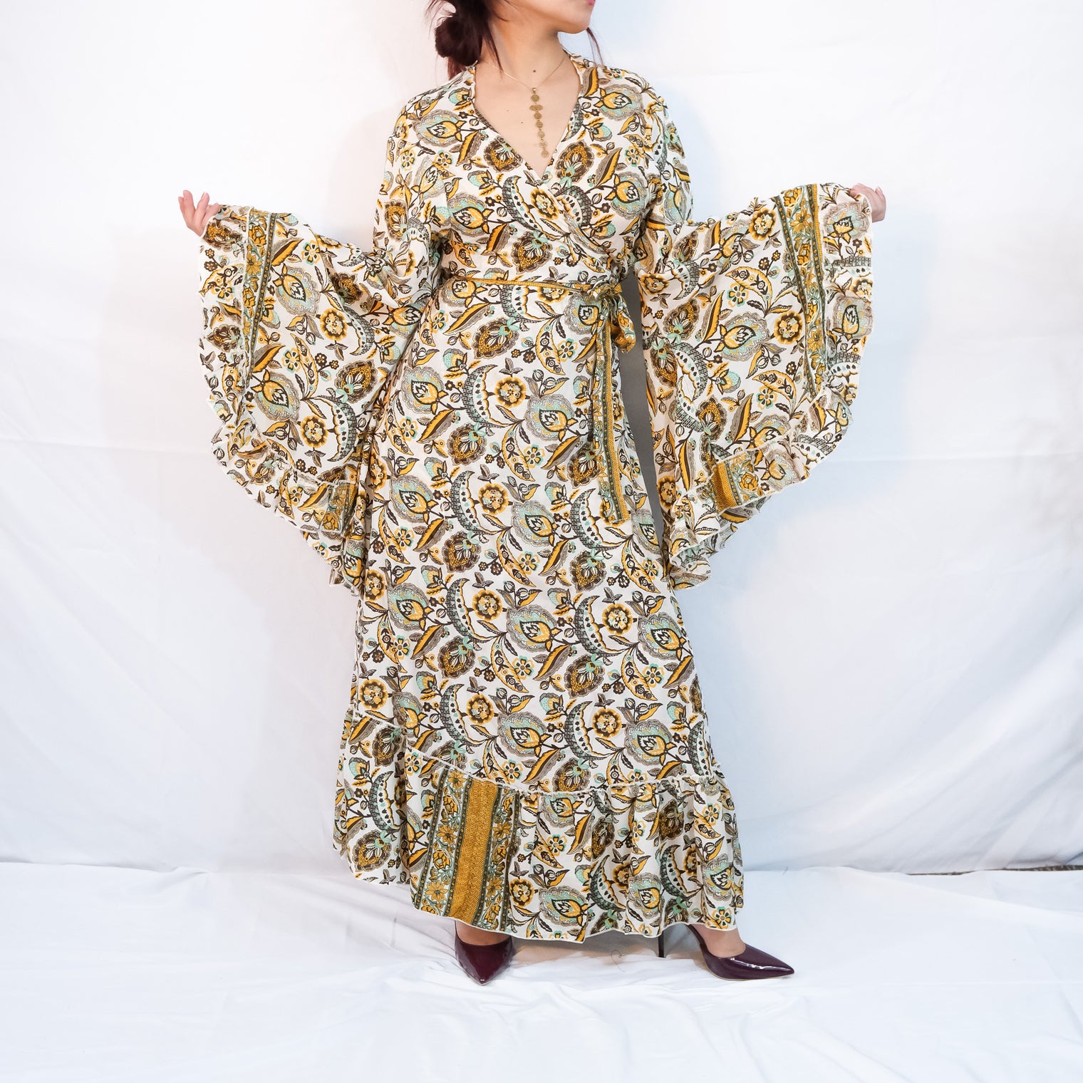 Long Boho Wrap Dress with Ruffles