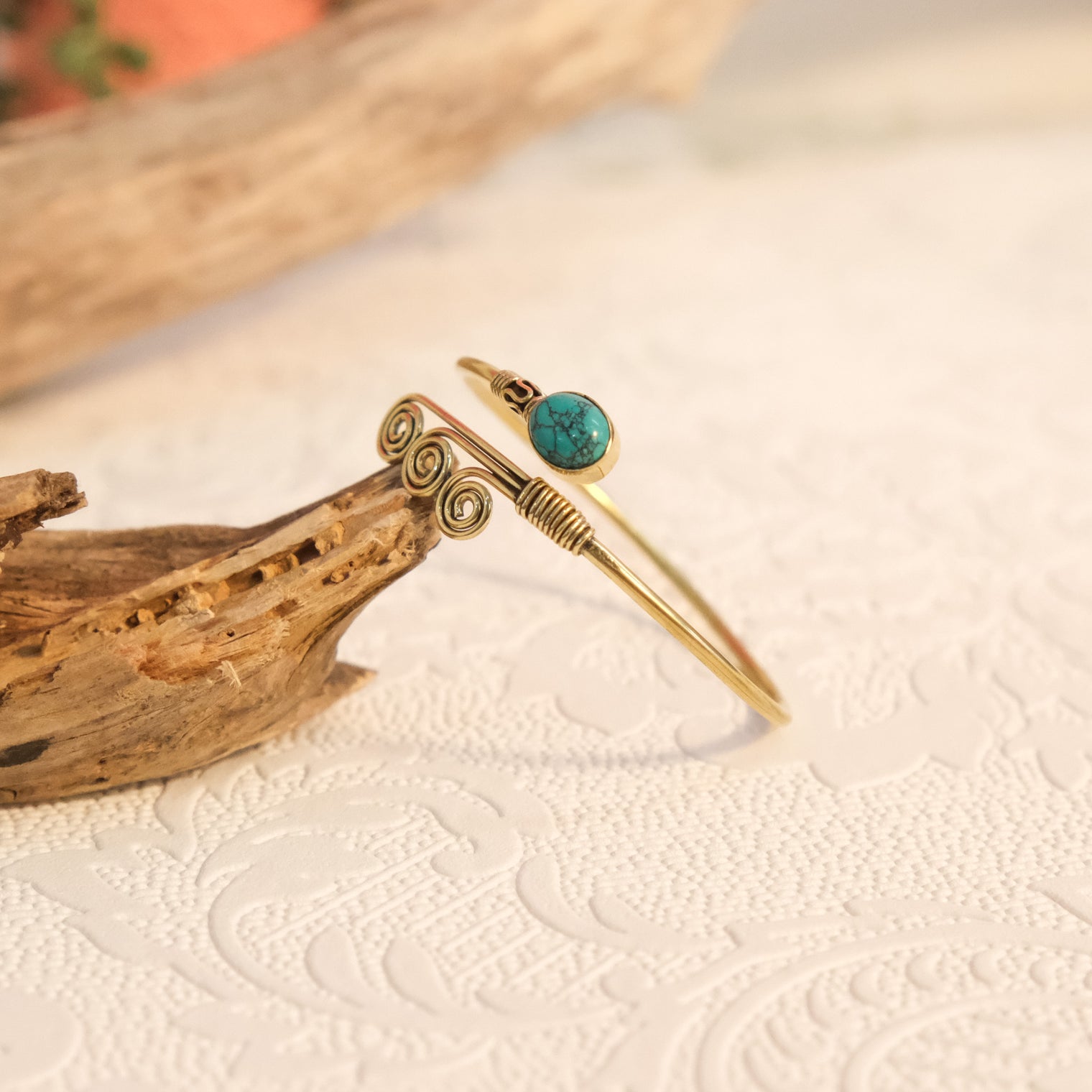 Vintage Inspired Brass Swirl Bracelet with Gemstone