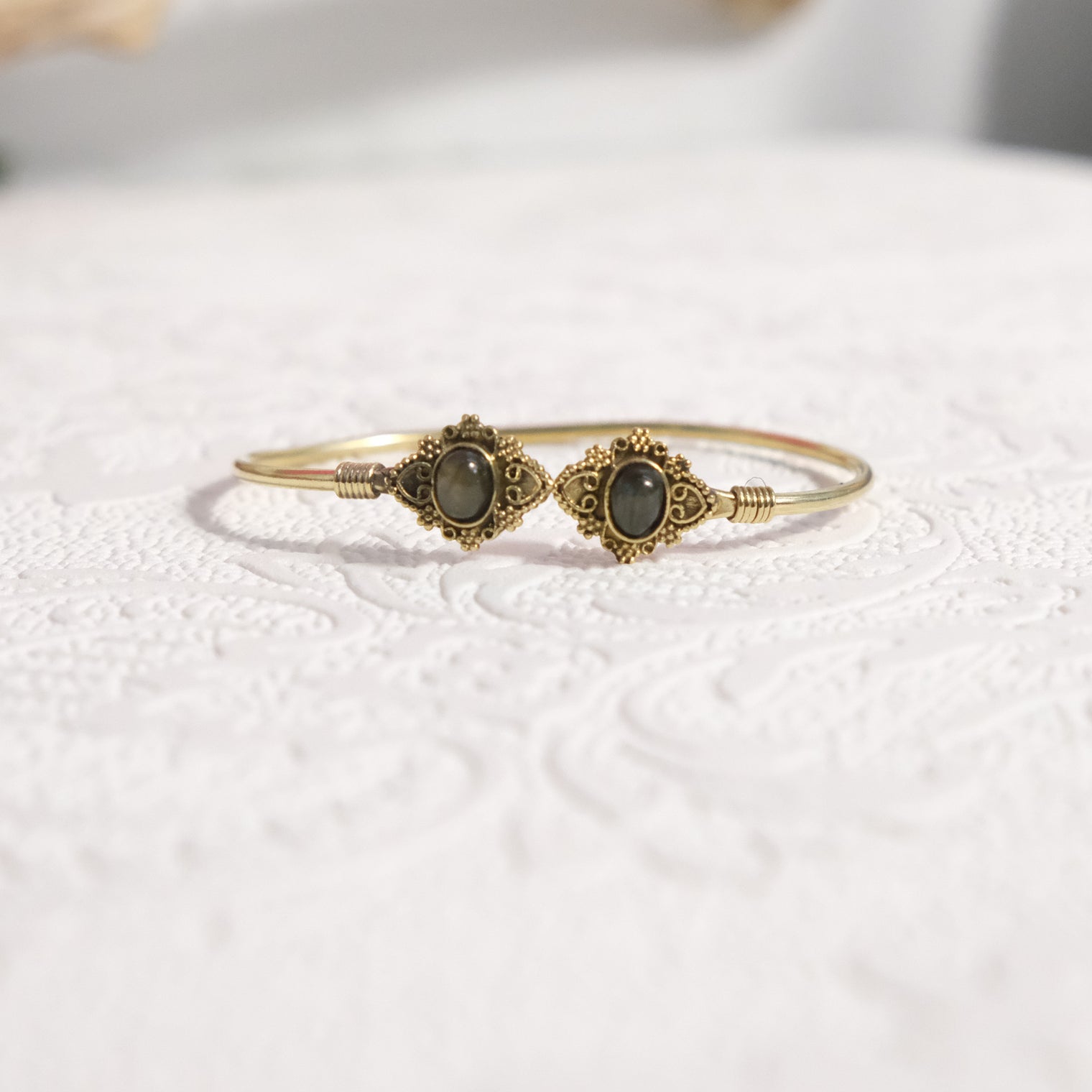 Mystic Lotus Gemstone Cuff Bracelet