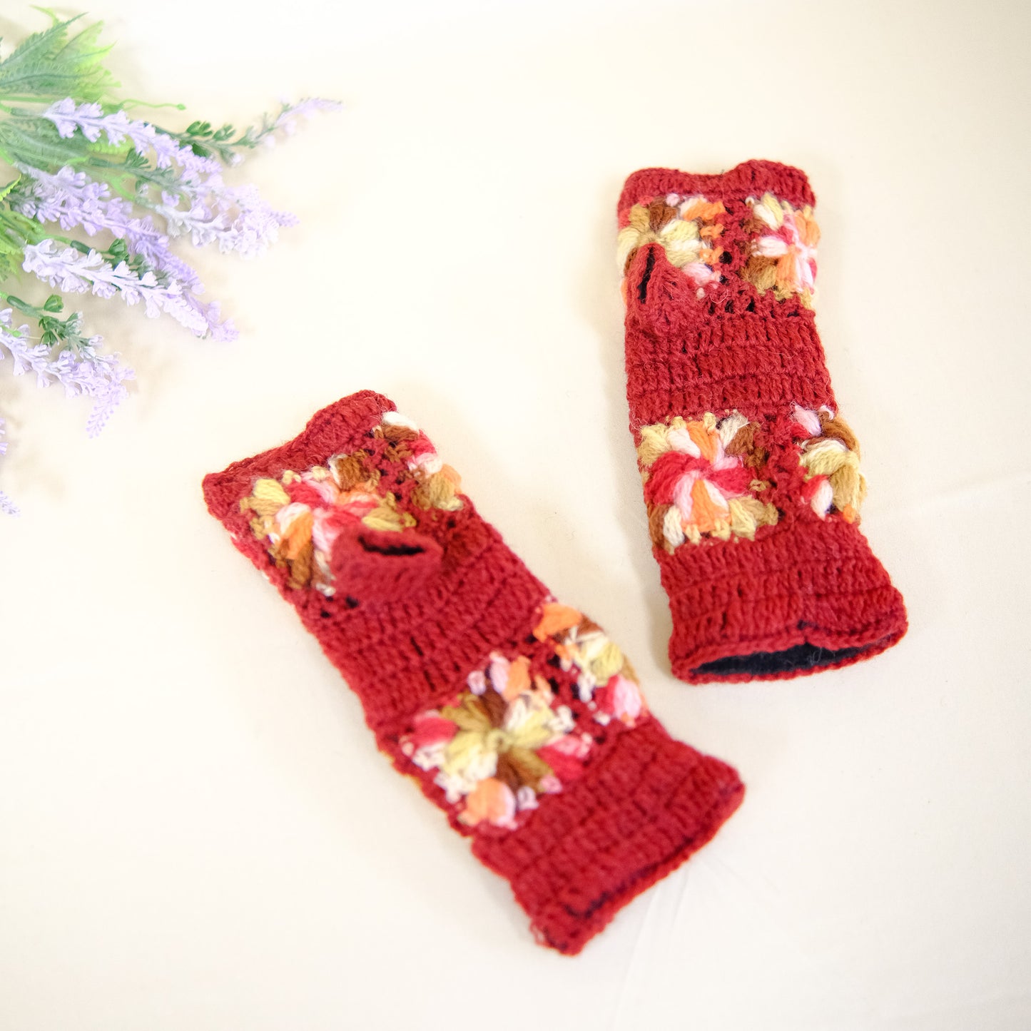 Hand Knitted Crochet Flower Design Hand Warmer