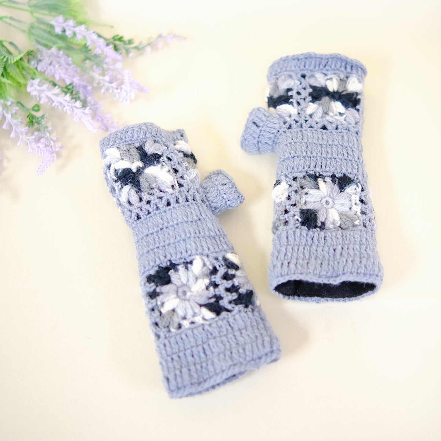 Hand Knitted Crochet Flower Design Hand Warmer