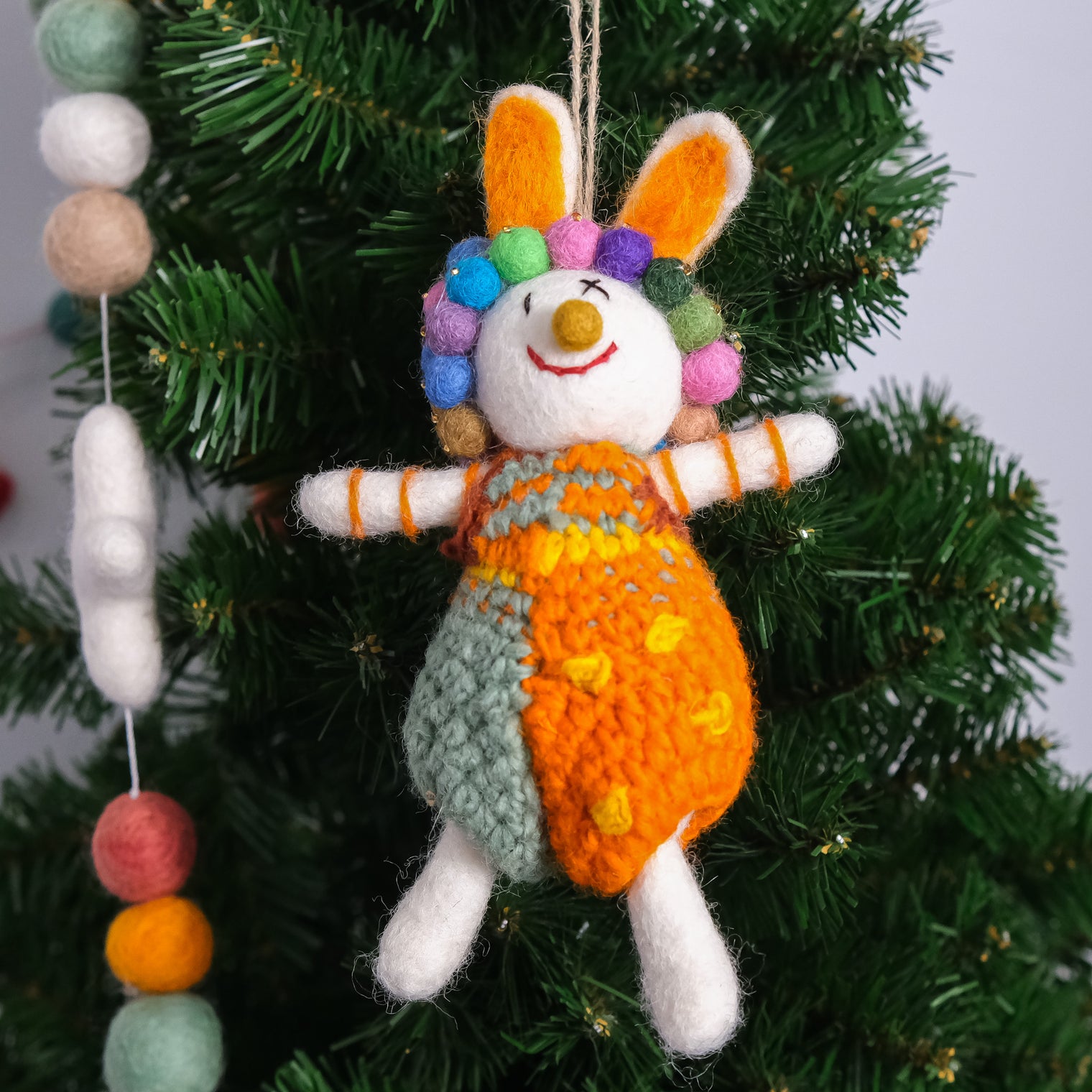 Needle Felted Bunny with Pom Pom Crown and Knitted Overalls