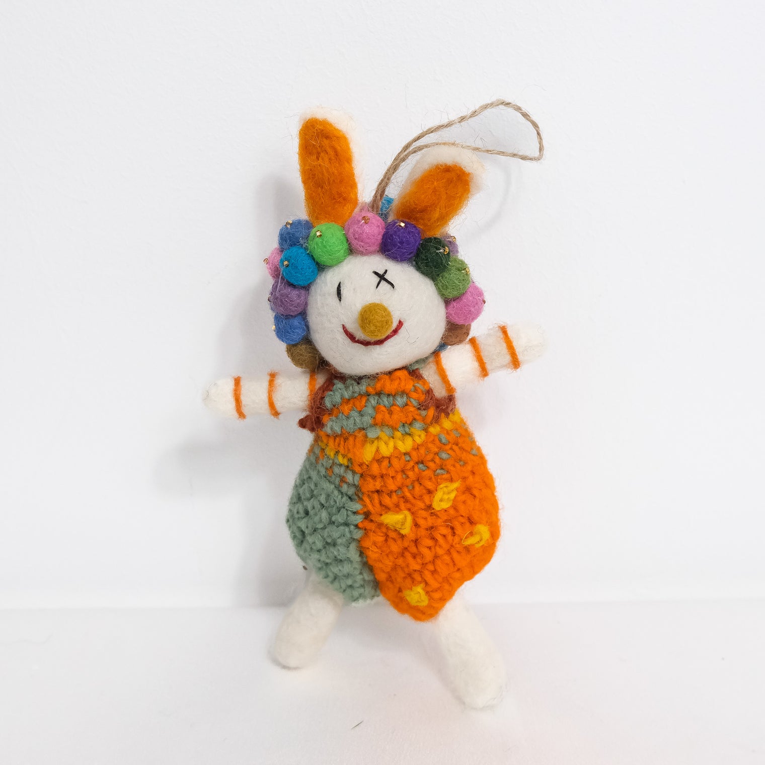 Needle Felted Bunny with Pom Pom Crown and Knitted Overalls