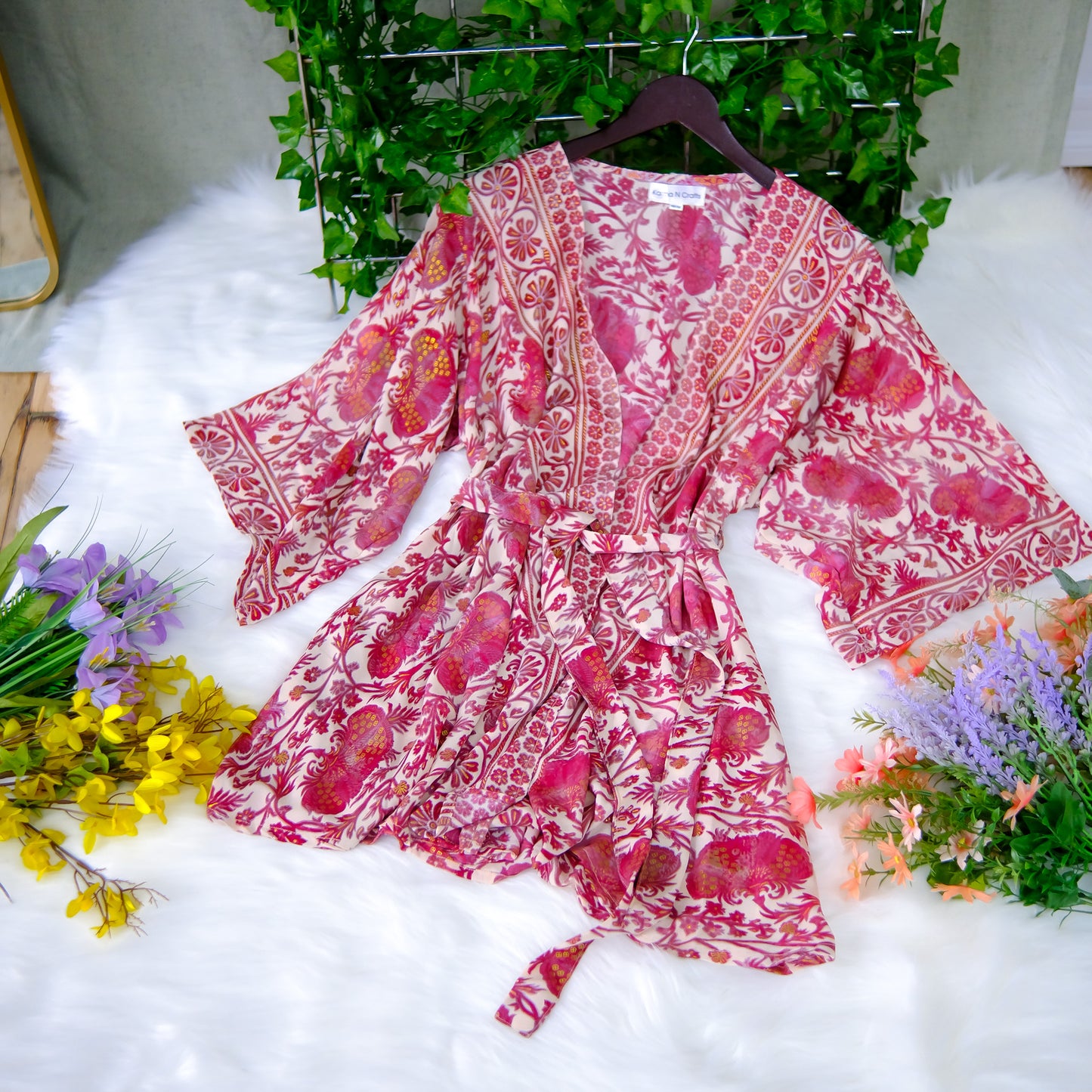 Recycled Boho Silk Short Kimono with Pockets