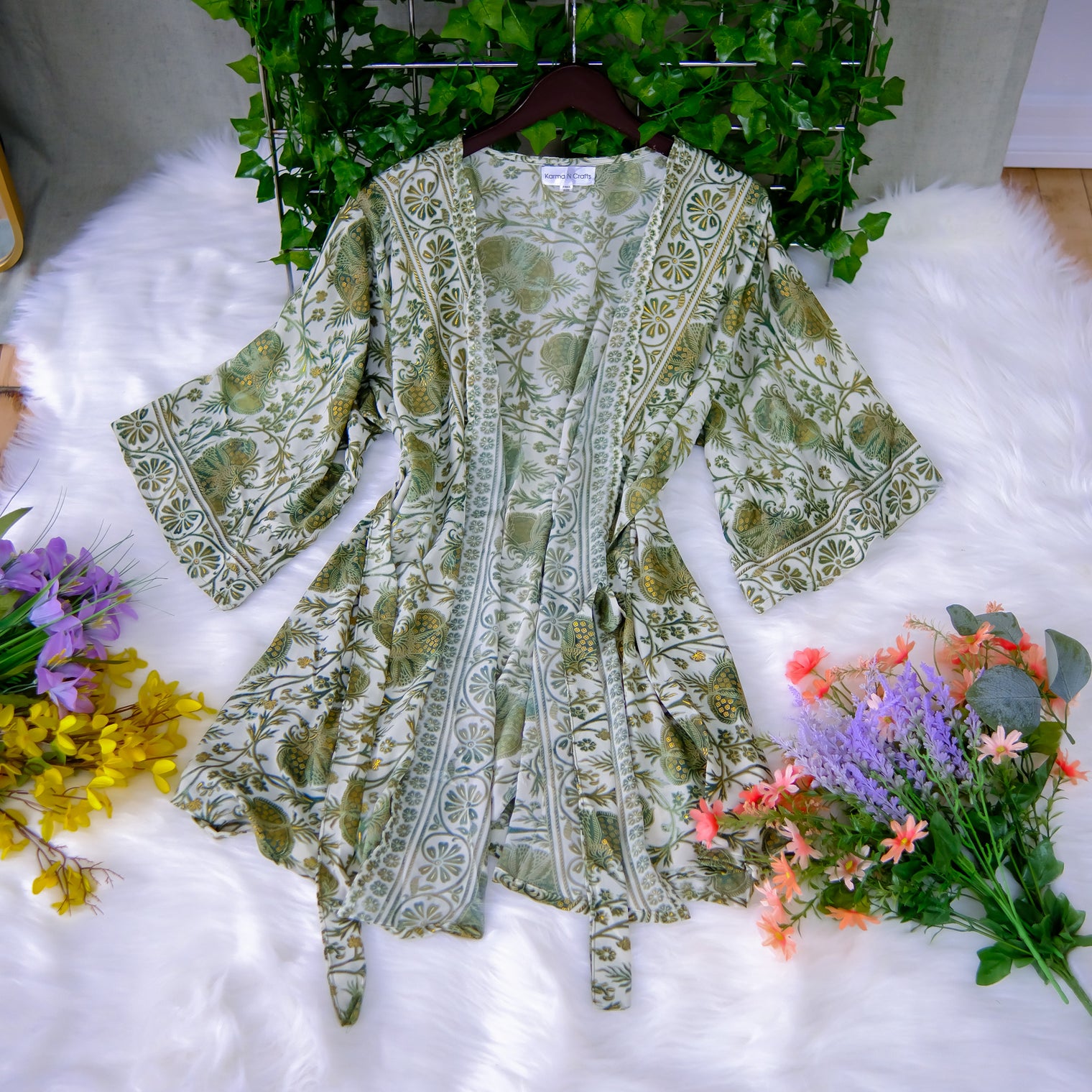 Recycled Boho Silk Short Kimono with Pockets