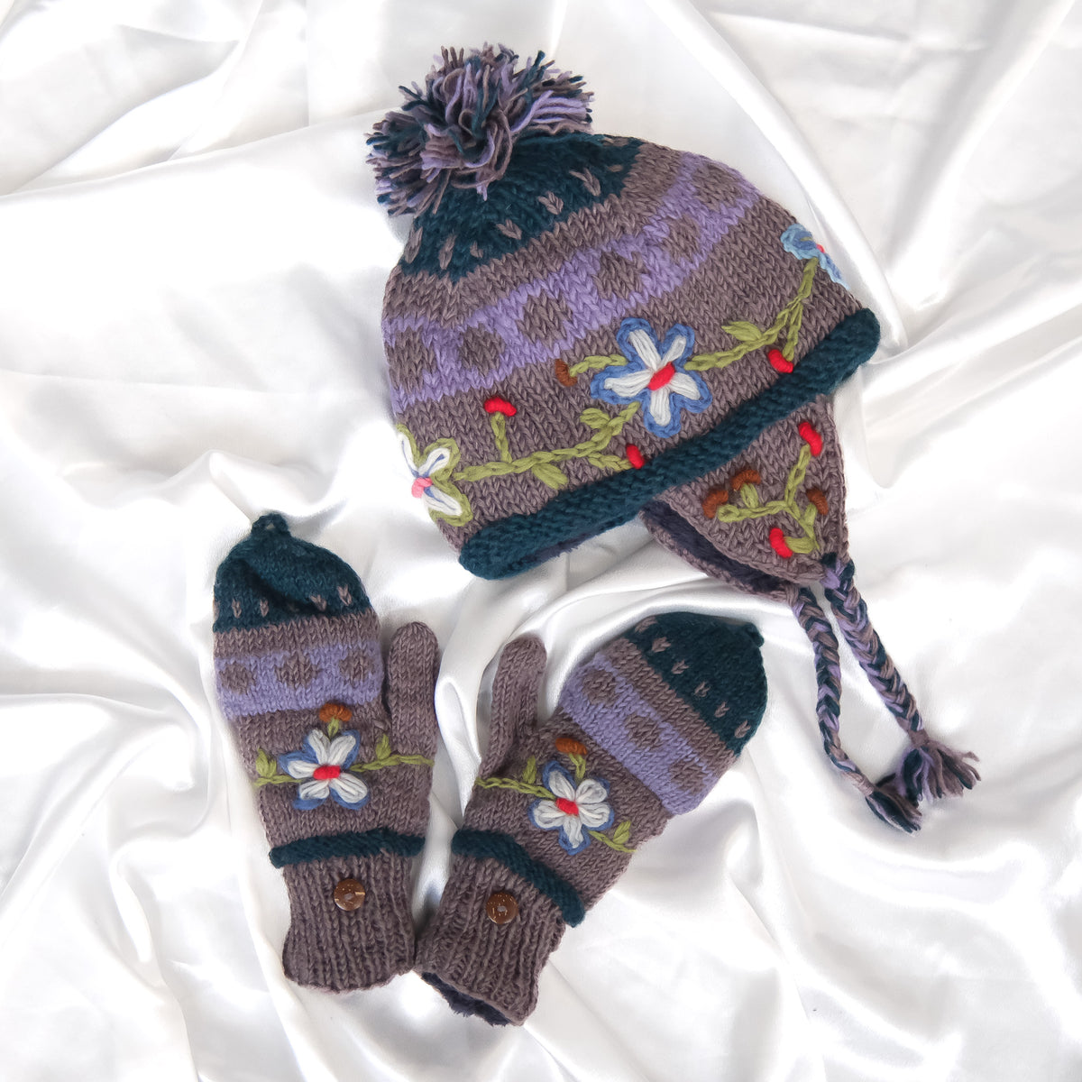 Hand Knitted Floral Embroidery Kids Hat & Gloves Set