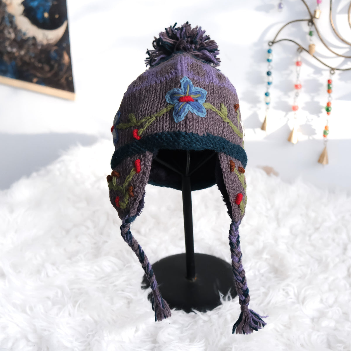 Hand Knitted Floral Embroidery Kids Hat & Gloves Set