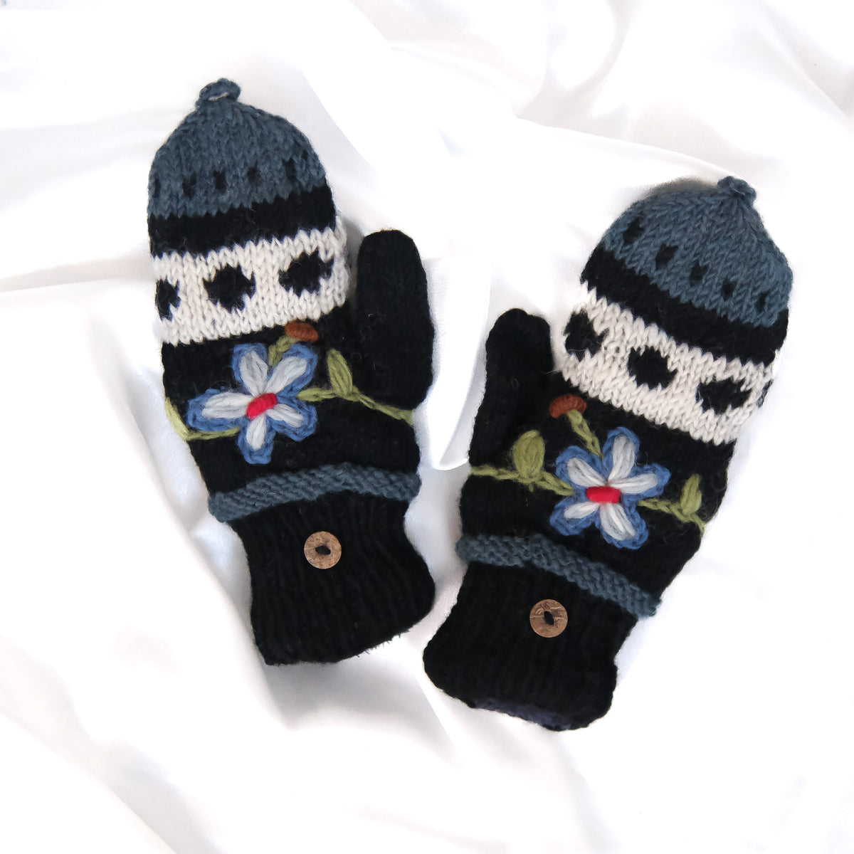 Hand Knitted Floral Embroidery Kids Hat & Gloves Set