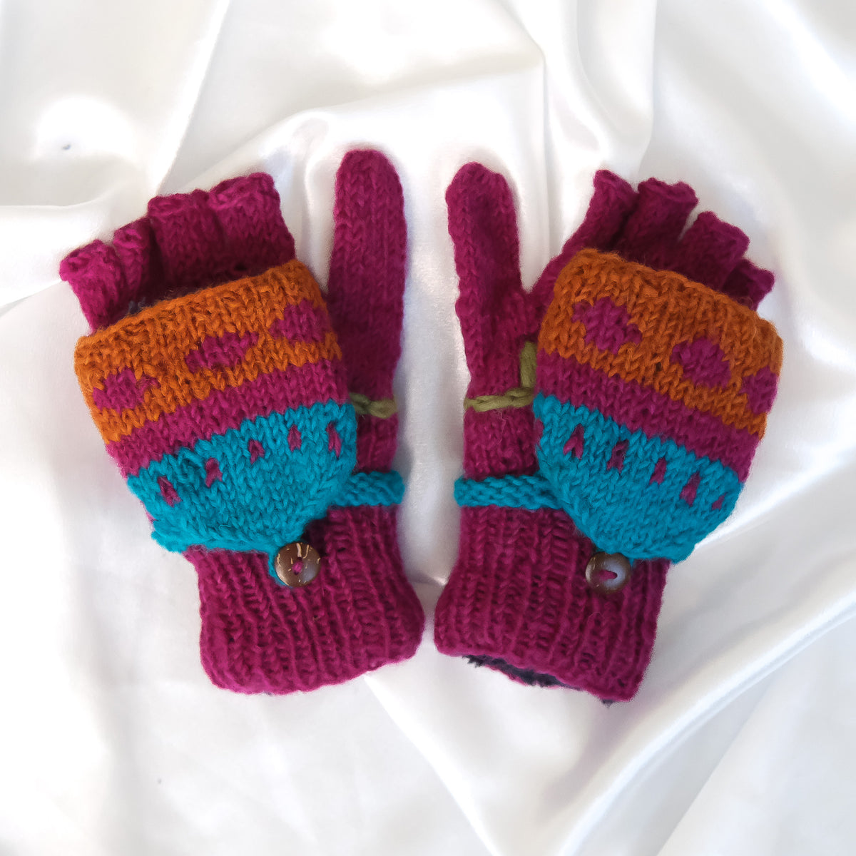 Hand Knitted Floral Embroidery Kids Hat & Gloves Set