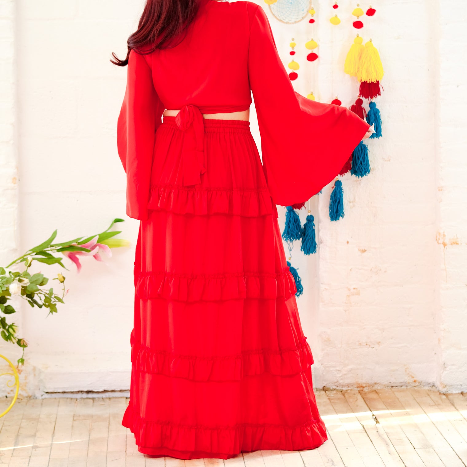 Flowy Tiered Skirt Set with Flare Sleeve Top