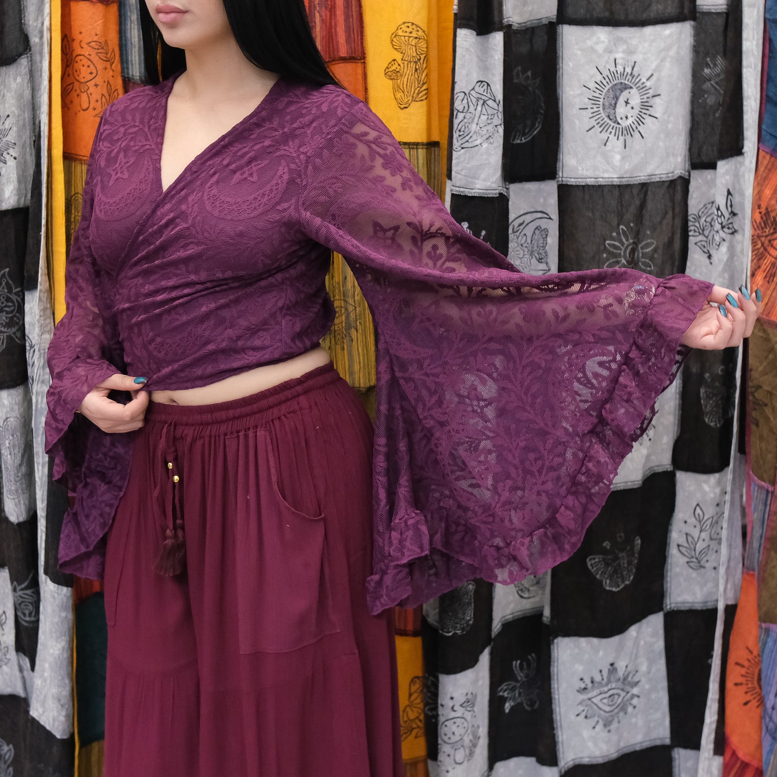 Sheer Celestial Lace Ruffle Sleeve Wrap Top