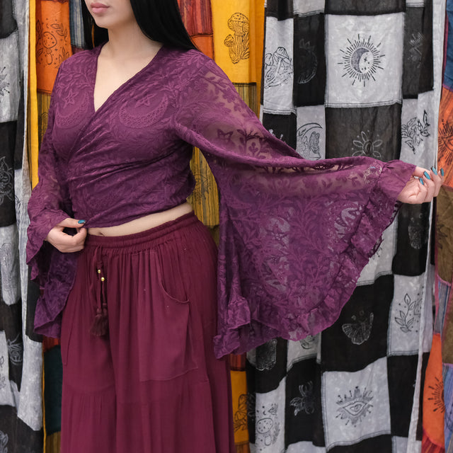 Sheer Celestial Lace Ruffle Sleeve Wrap Top
