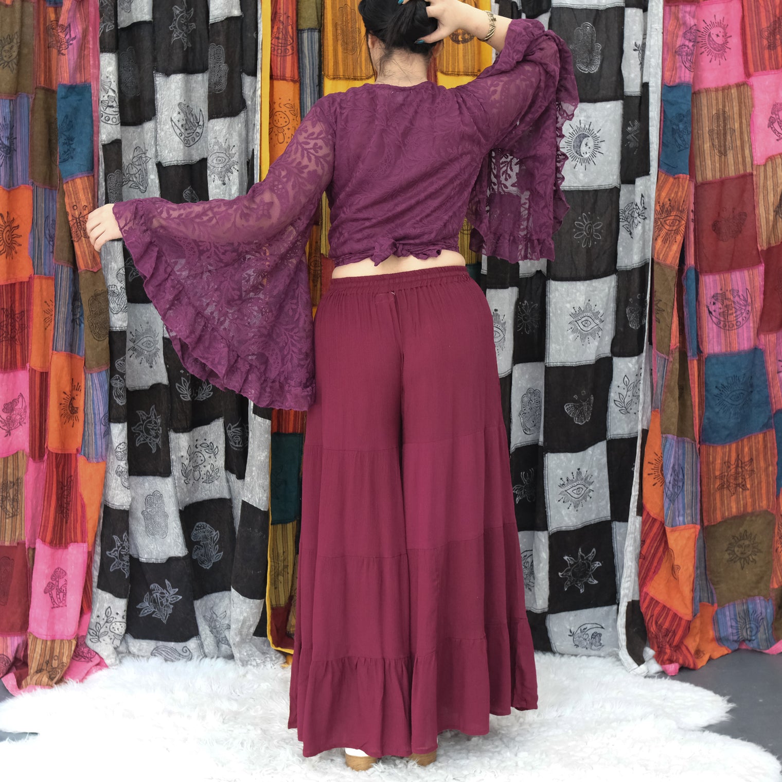 Sheer Celestial Lace Ruffle Sleeve Wrap Top