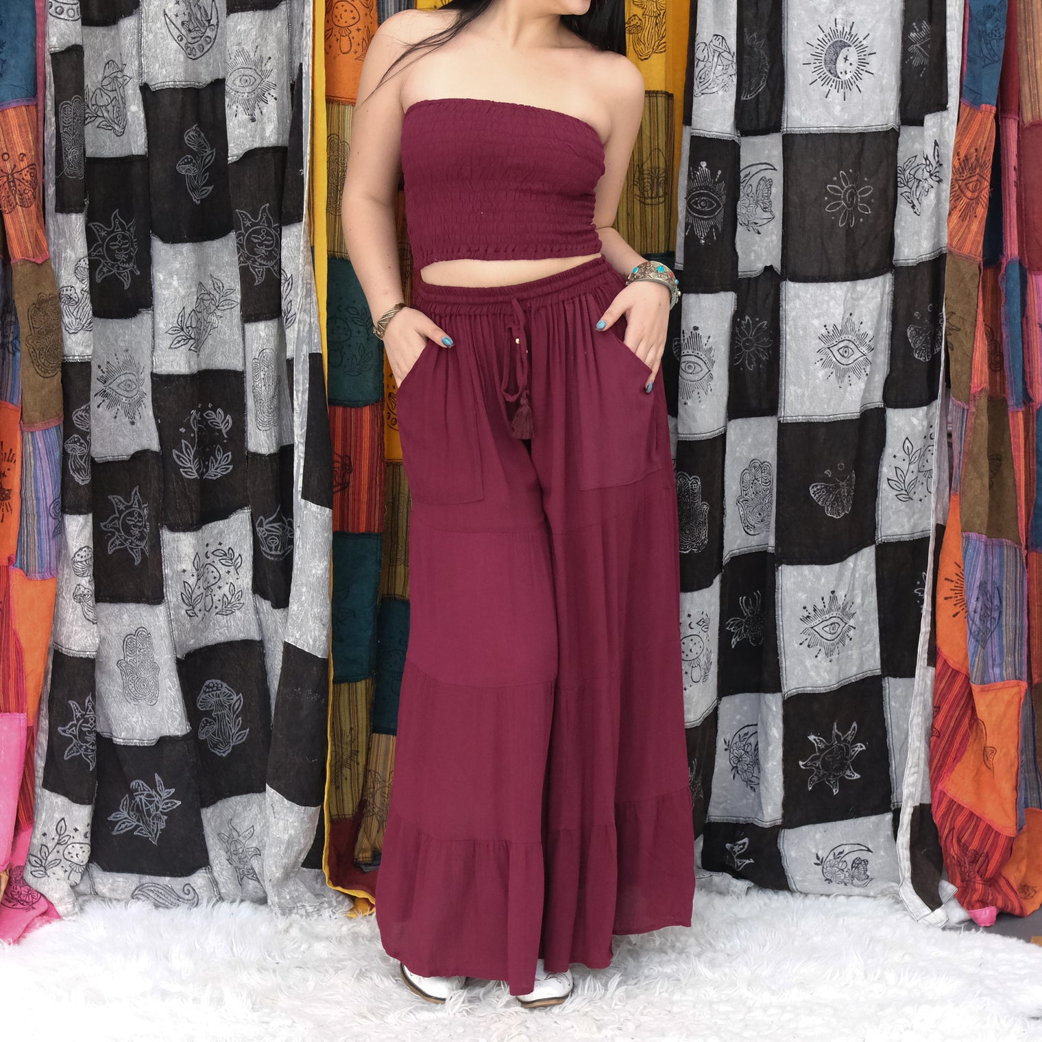 Boho Smocked Tube Top & Flowy Tiered Palazzo Pants Set