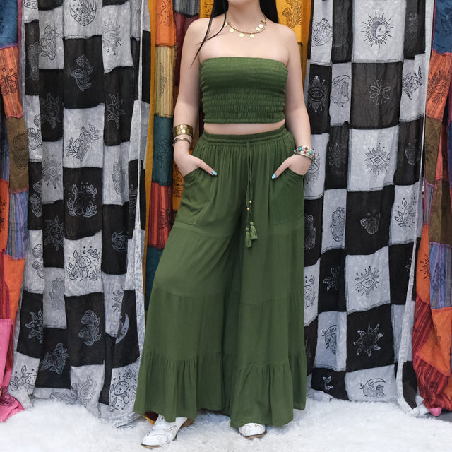 Boho Smocked Tube Top & Flowy Tiered Palazzo Pants Set