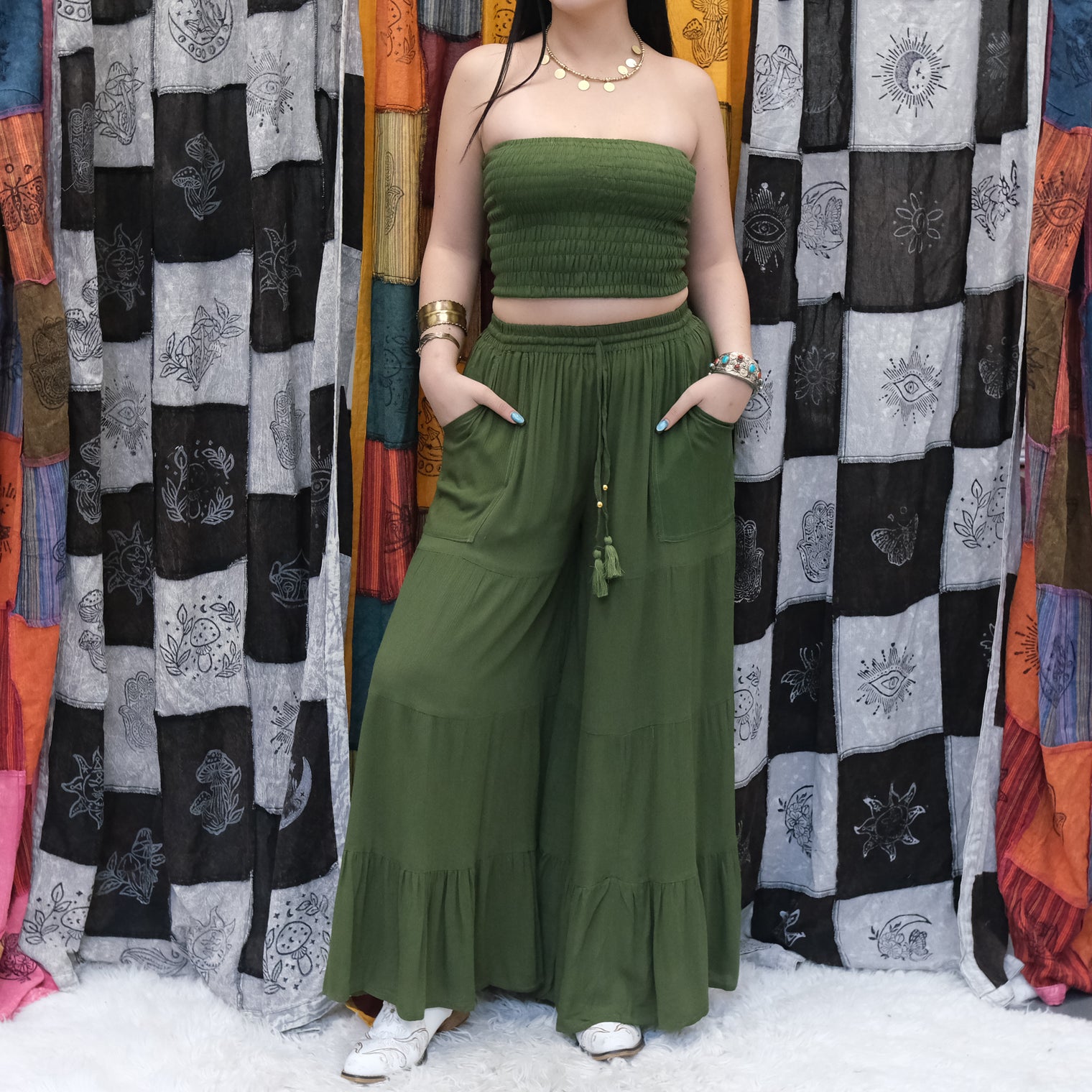 Boho Smocked Tube Top & Flowy Tiered Palazzo Pants Set