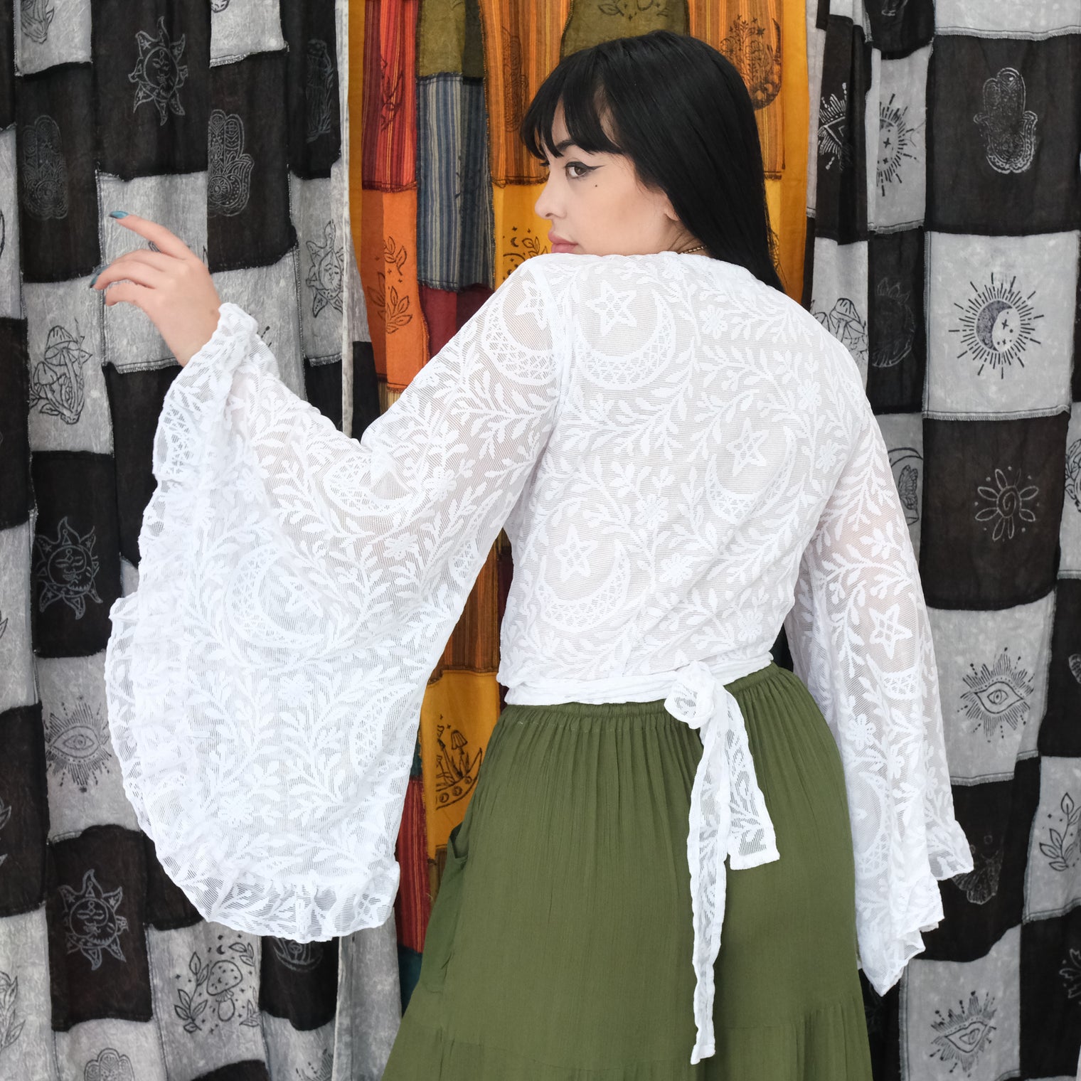 Sheer Celestial Lace Ruffle Sleeve Wrap Top