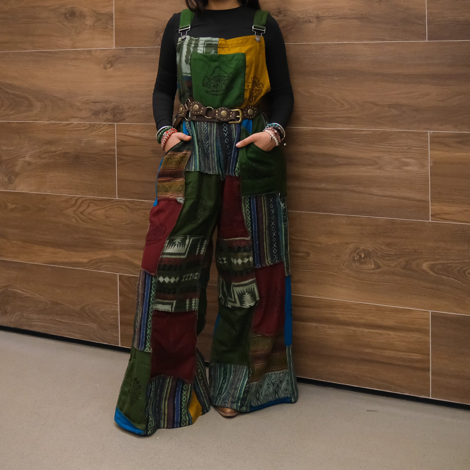 Patchwork Wool Blend Wide Leg Jumpsuit