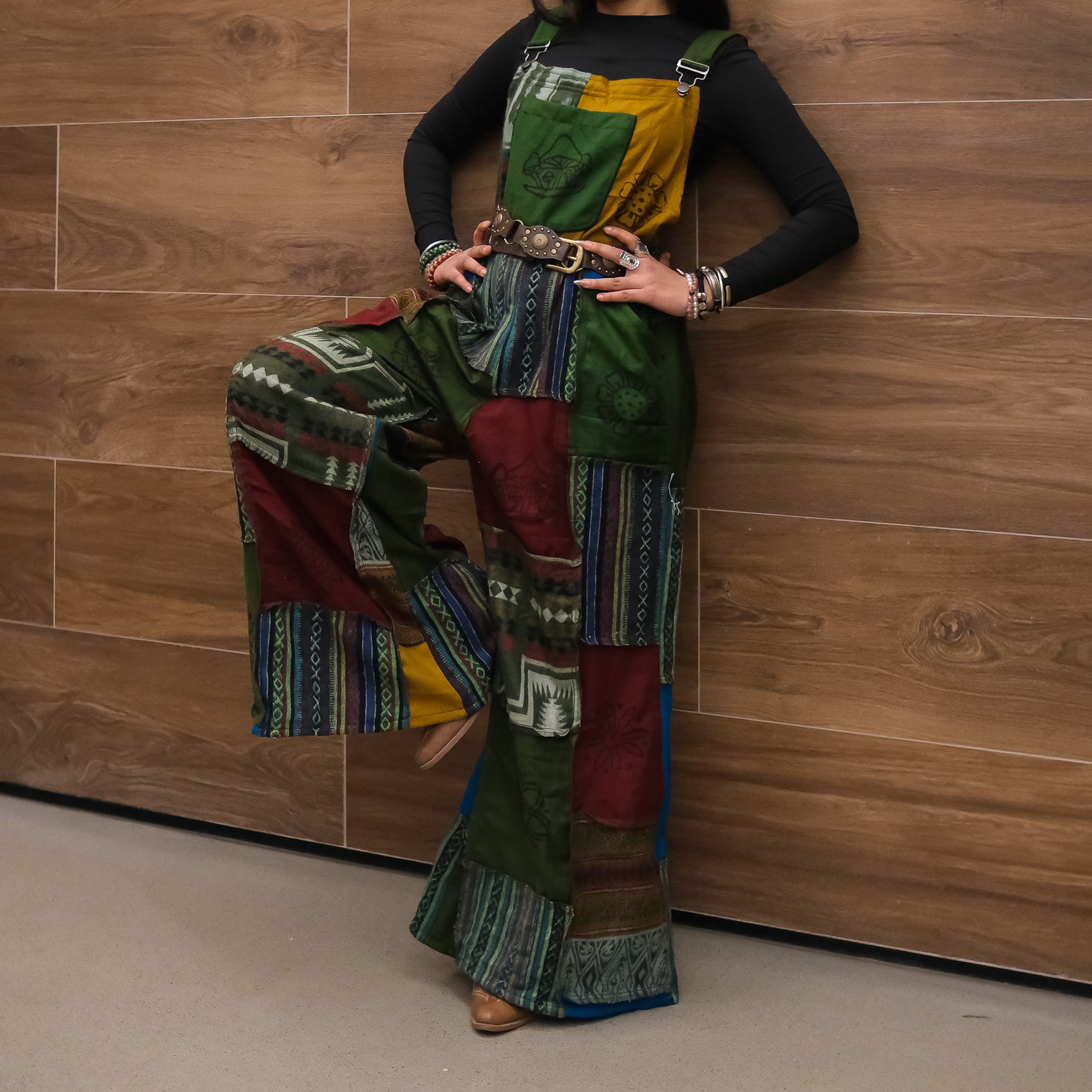 Patchwork Wool Blend Wide Leg Jumpsuit