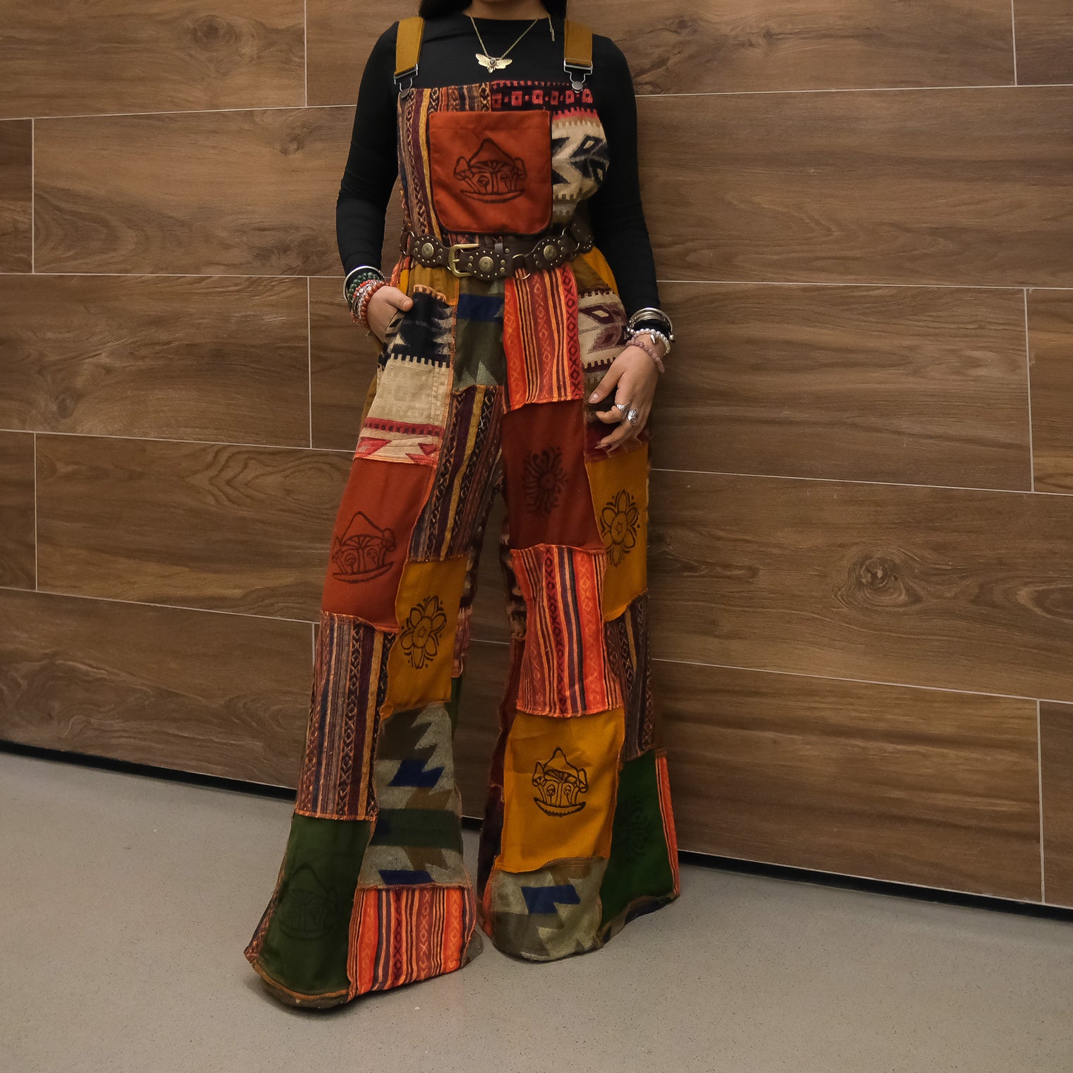 Patchwork Wool Blend Wide Leg Jumpsuit