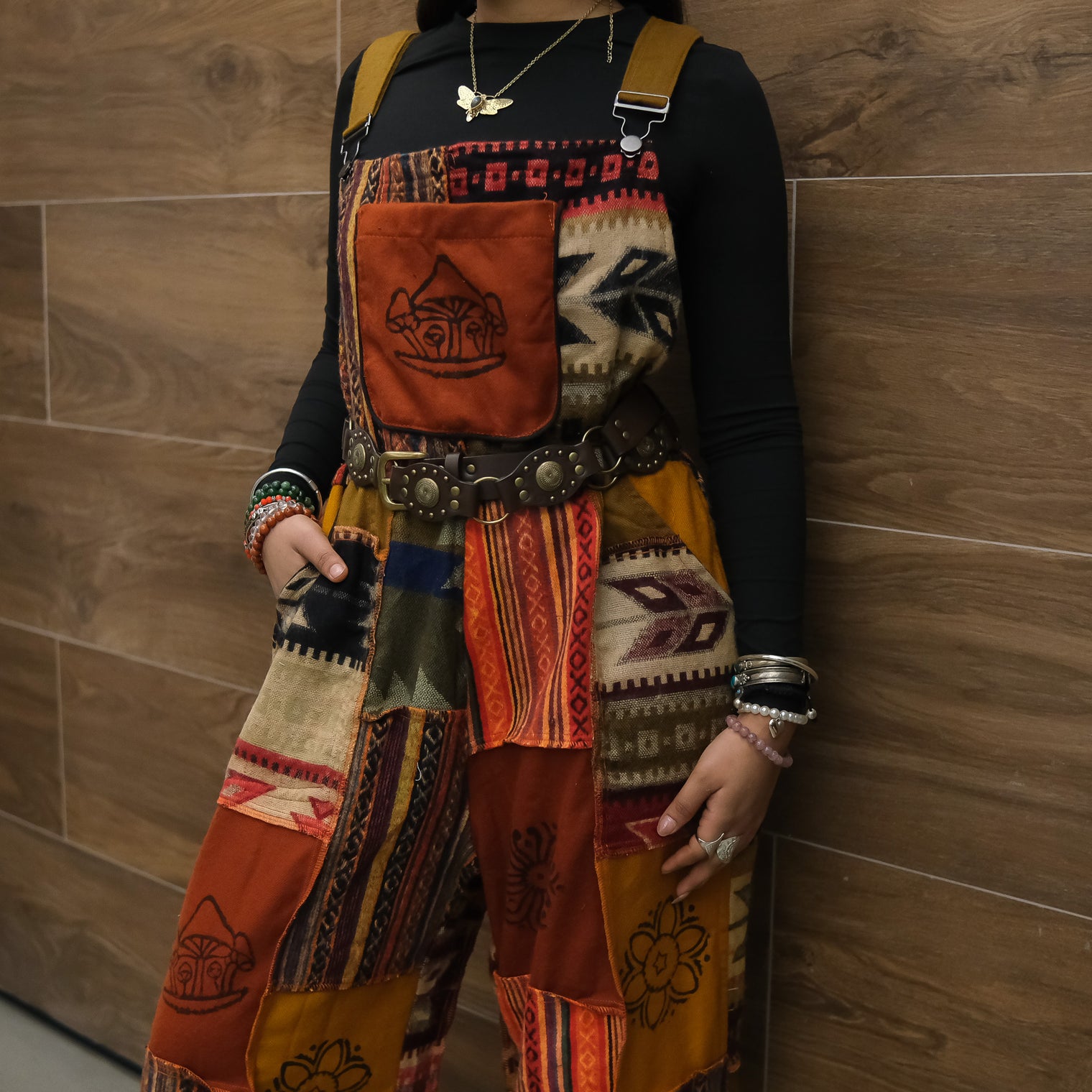 Patchwork Wool Blend Wide Leg Jumpsuit