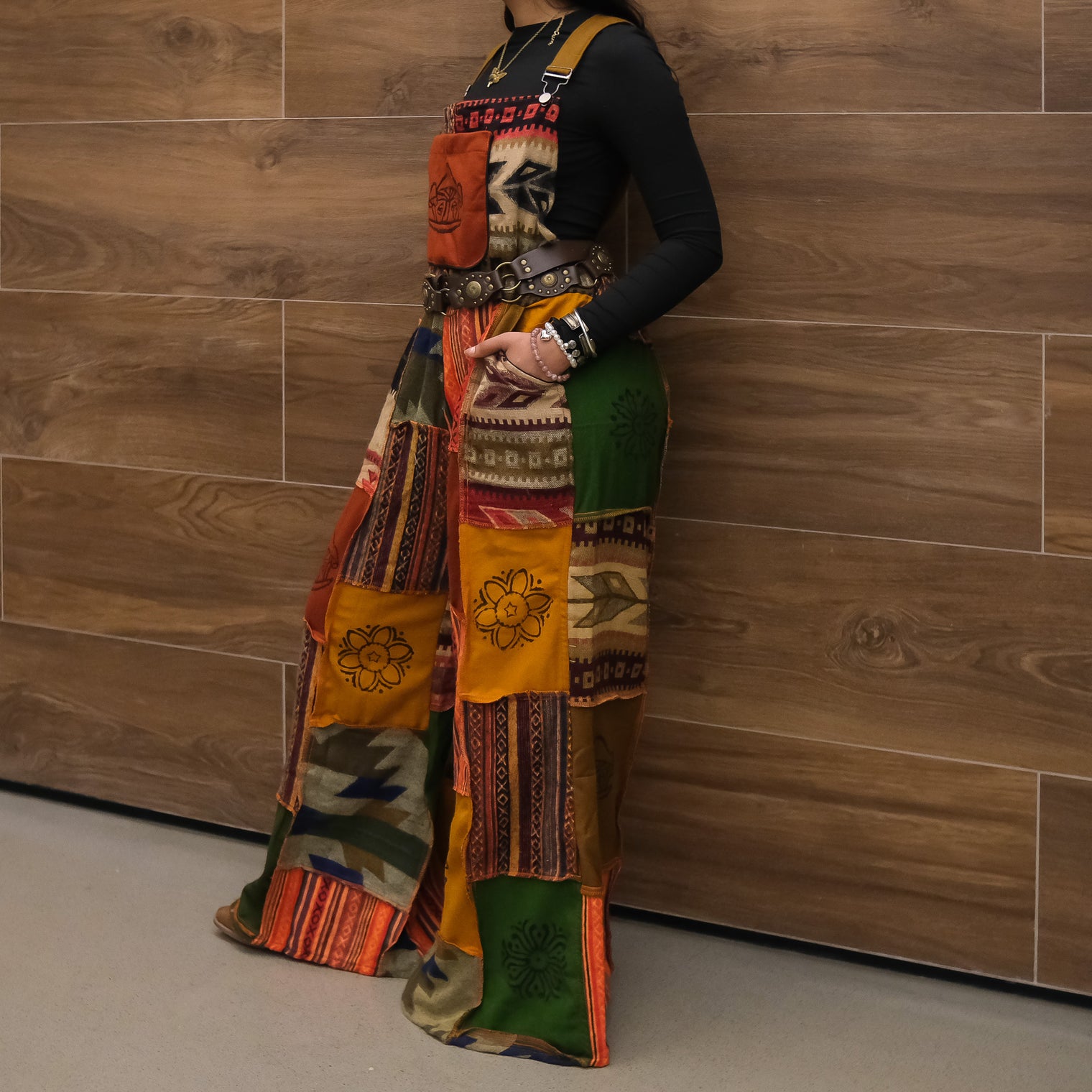 Patchwork Wool Blend Wide Leg Jumpsuit