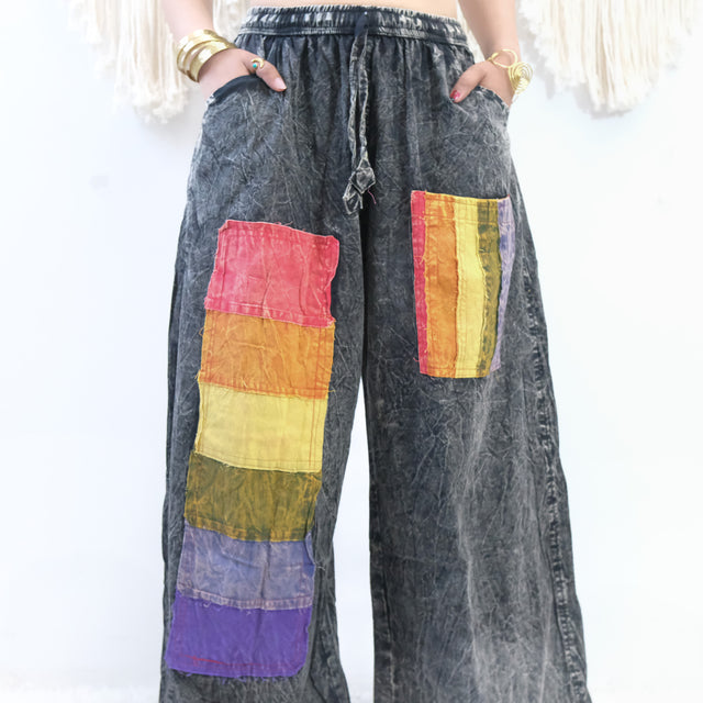 Stonewashed Rainbow Patchwork Wide Leg Pants with Pockets